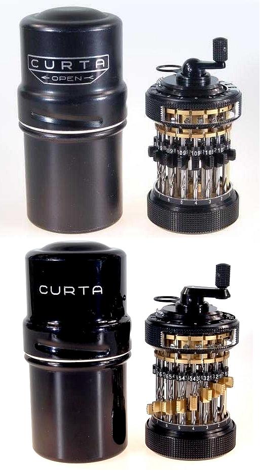 A Pair of Curta Demonstration Model Calculators with Containers